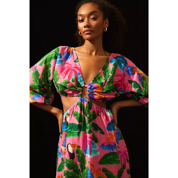 NWT, Farm Rio x Anthropologie Tropical Printed V-Neck Cutout Dress - Picture 3 of 3